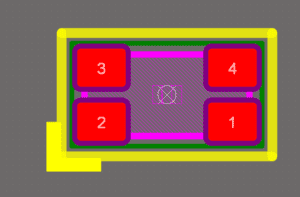 Schematische Darstellung einer 4-poligen RGB LED mit nummerierten Kontakten und Leiterbahnfläche, die sehr uneindeutig ist.